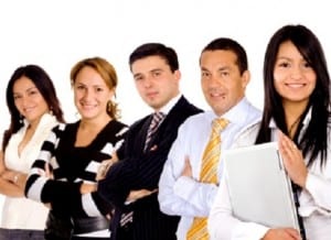 business team with a businesswoman leading it - isolated over a white background